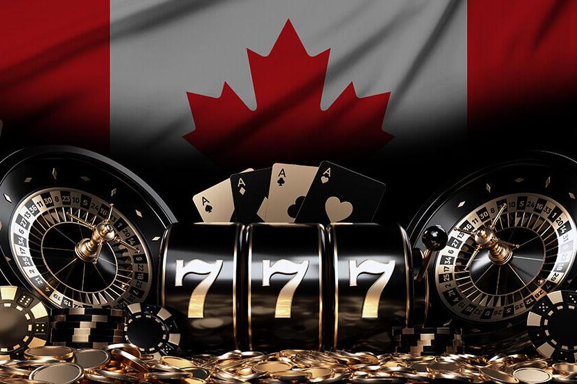 Casino-themed graphic with roulette wheels, slot reels, and chips in front of a Canadian flag backdrop.
